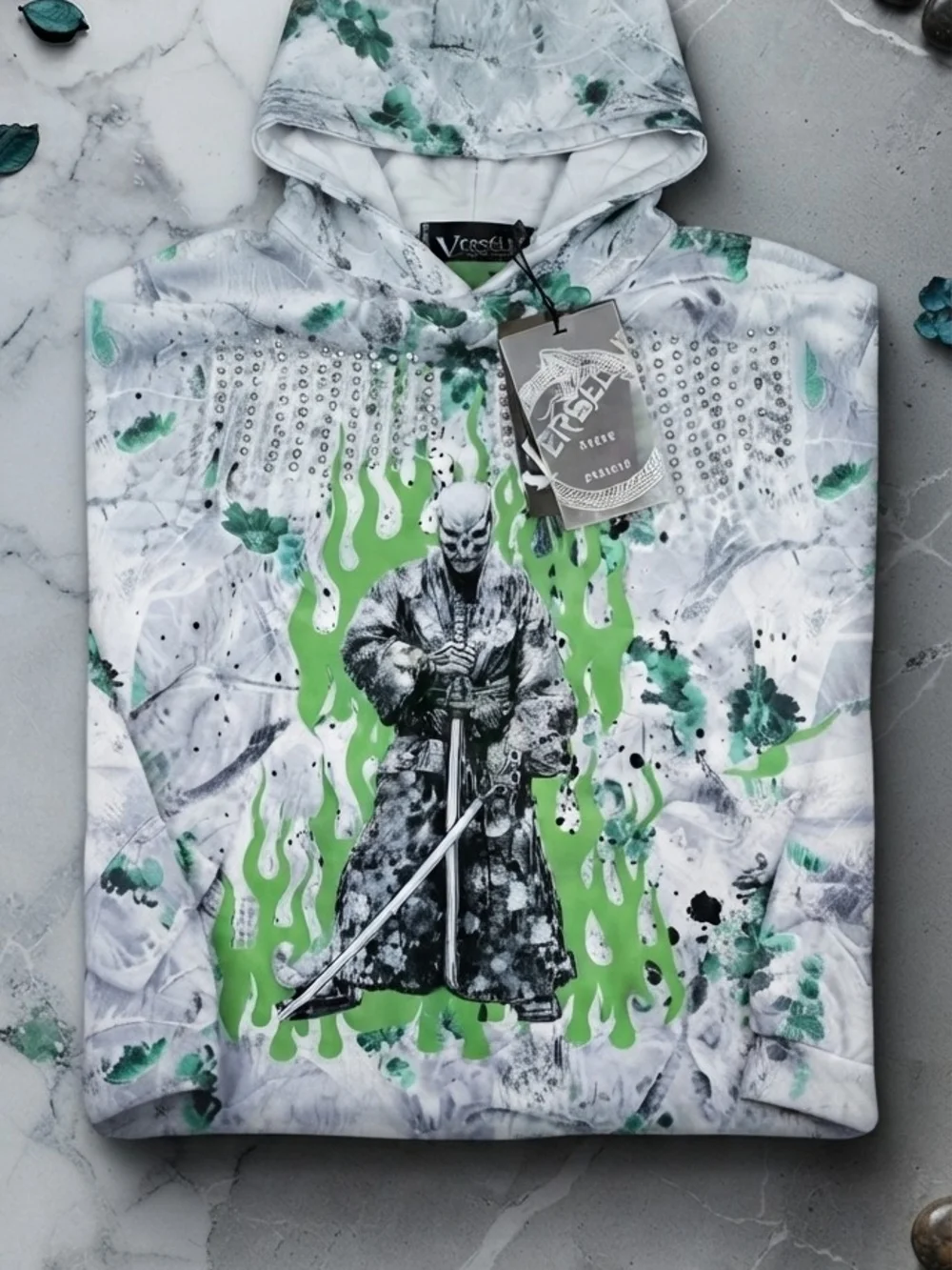 White & Green Samurai Graphic Hoodie